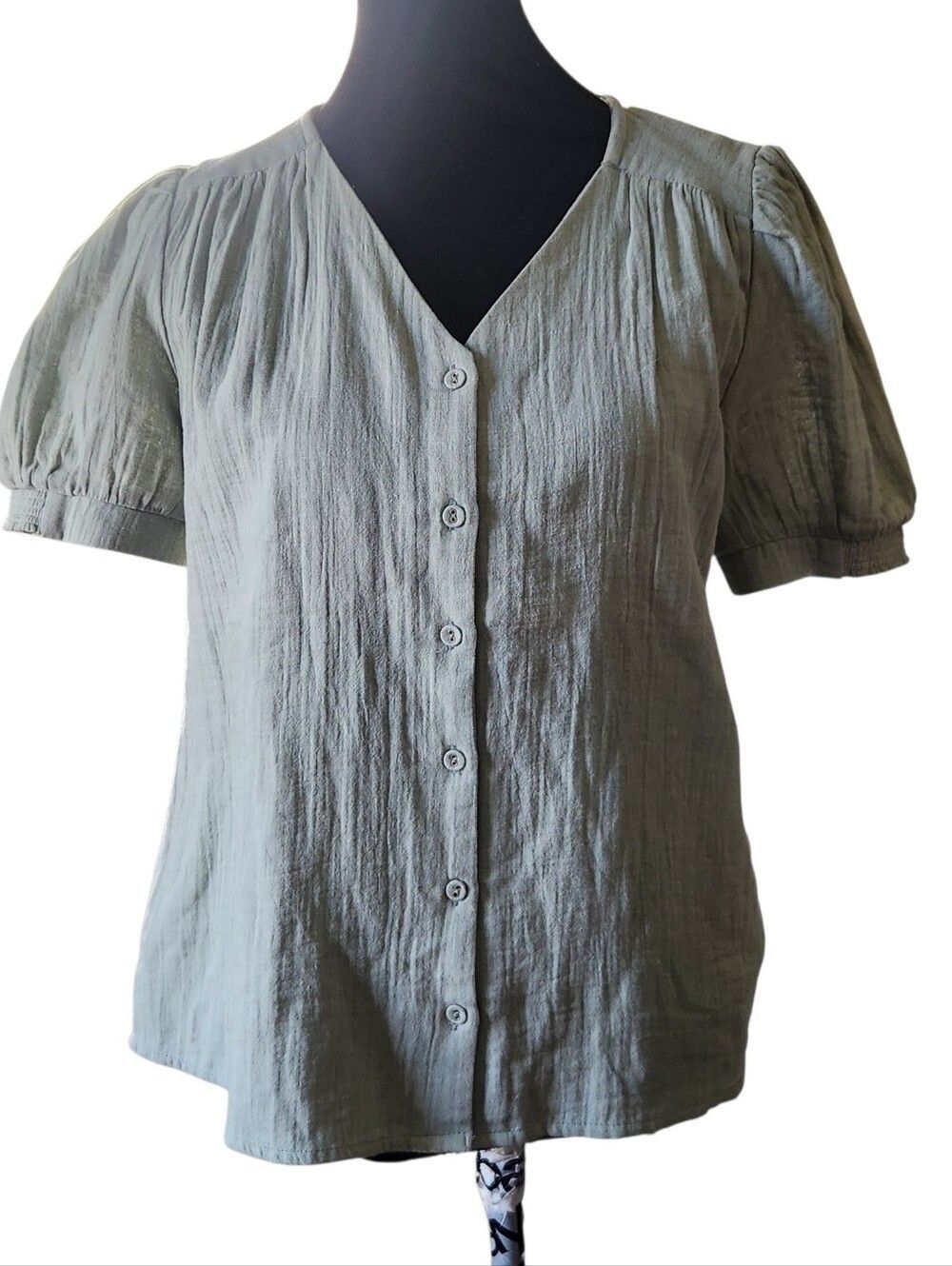 Downeast Danica Blouse Sage Green Small 100% Cotton Short Sleeve Top Shirt